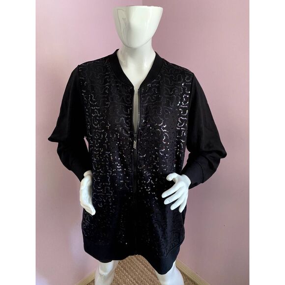 QUACKER FACTORY Sequin Swirl Terry Bomber Jacket-1X Black - Picture 2 of 11